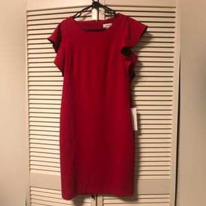 NWT Red Calvin Klein Sheath Dress with Ruffle Sleeves - 12